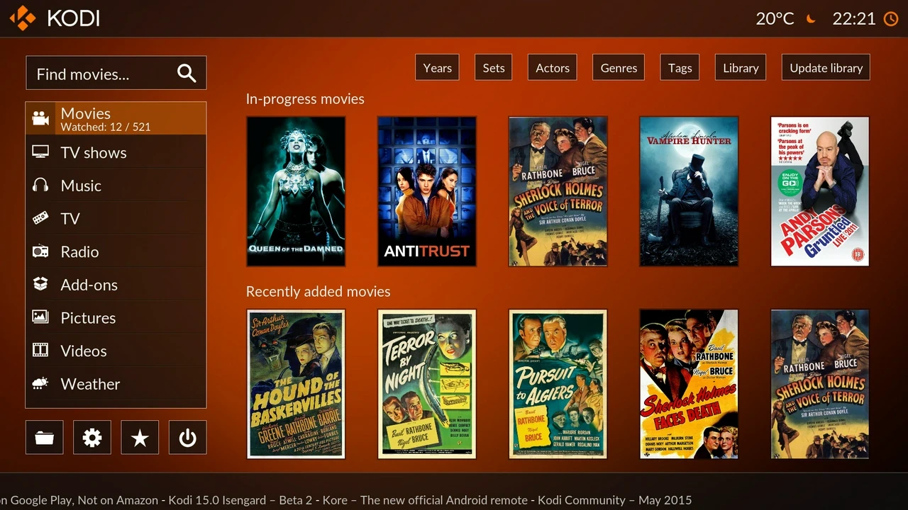 A prototype image of what Kodi might look like - options in a vertical menu on the left, promotional images of movies and TV series across the centre and to the right