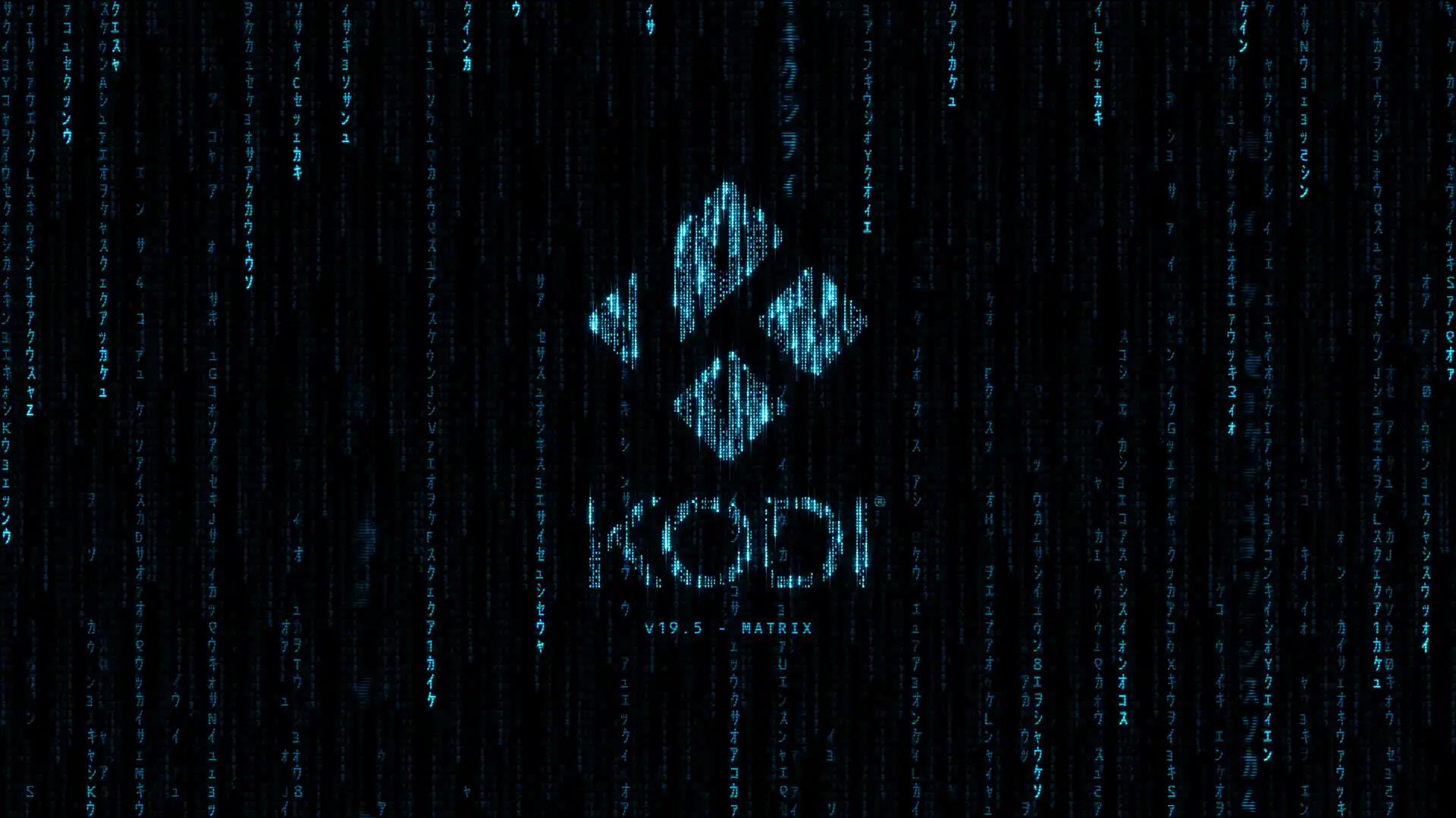 Kodi 19.5 "Matrix" Splash Screen - a blue Kodi logo sits in the centre, surrounded and overlaid with a cascade of random computer characters, falling like rain from the top of the screen. Below the image, in blue text: "Kodi 19.4 - Matrix".