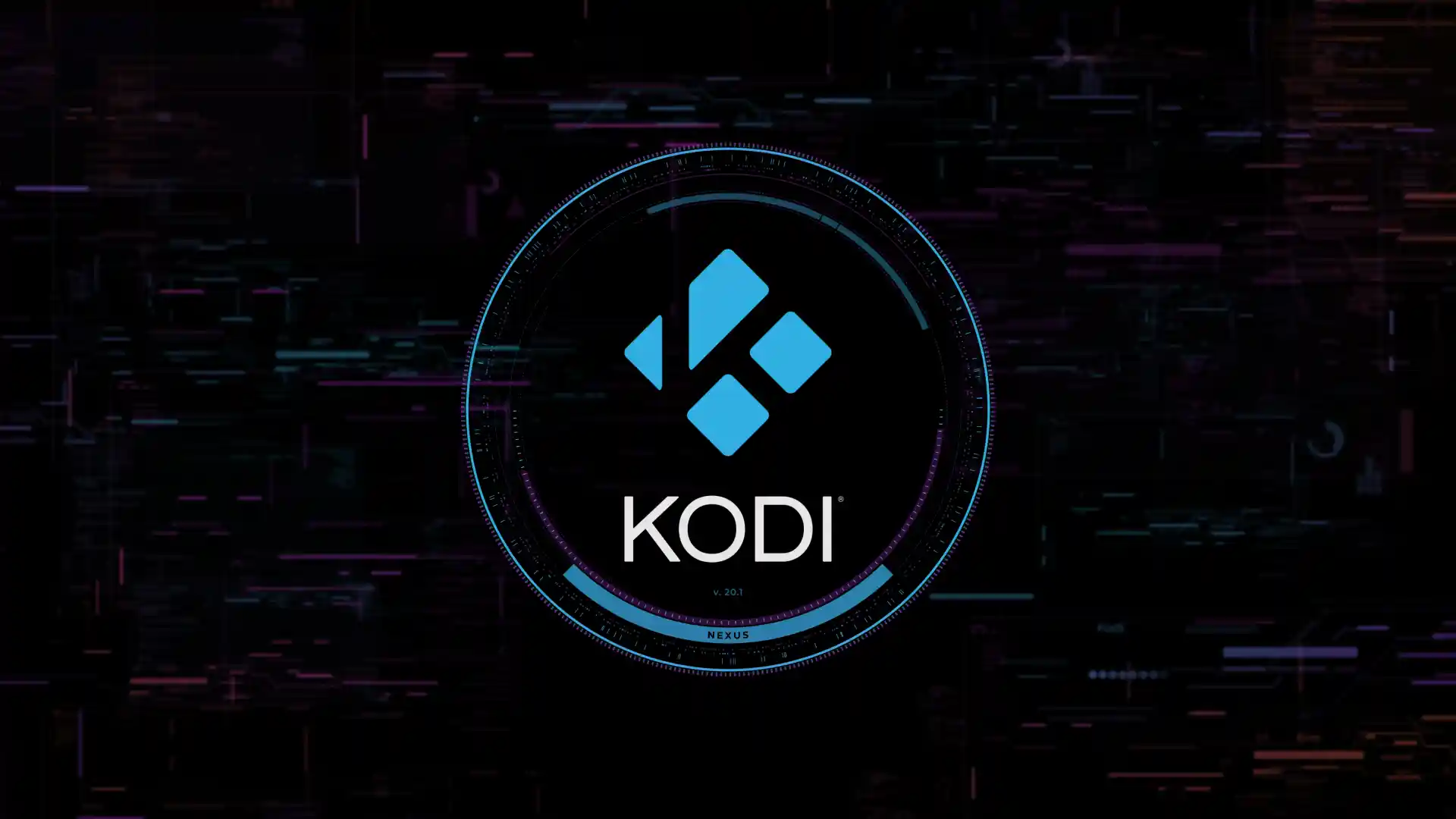 Kodi 20.1 "Nexus" Splash Screen - a blue Kodi logo sits in the centre of a black page, around it, a dial - a gauge or chronograph, perhaps.