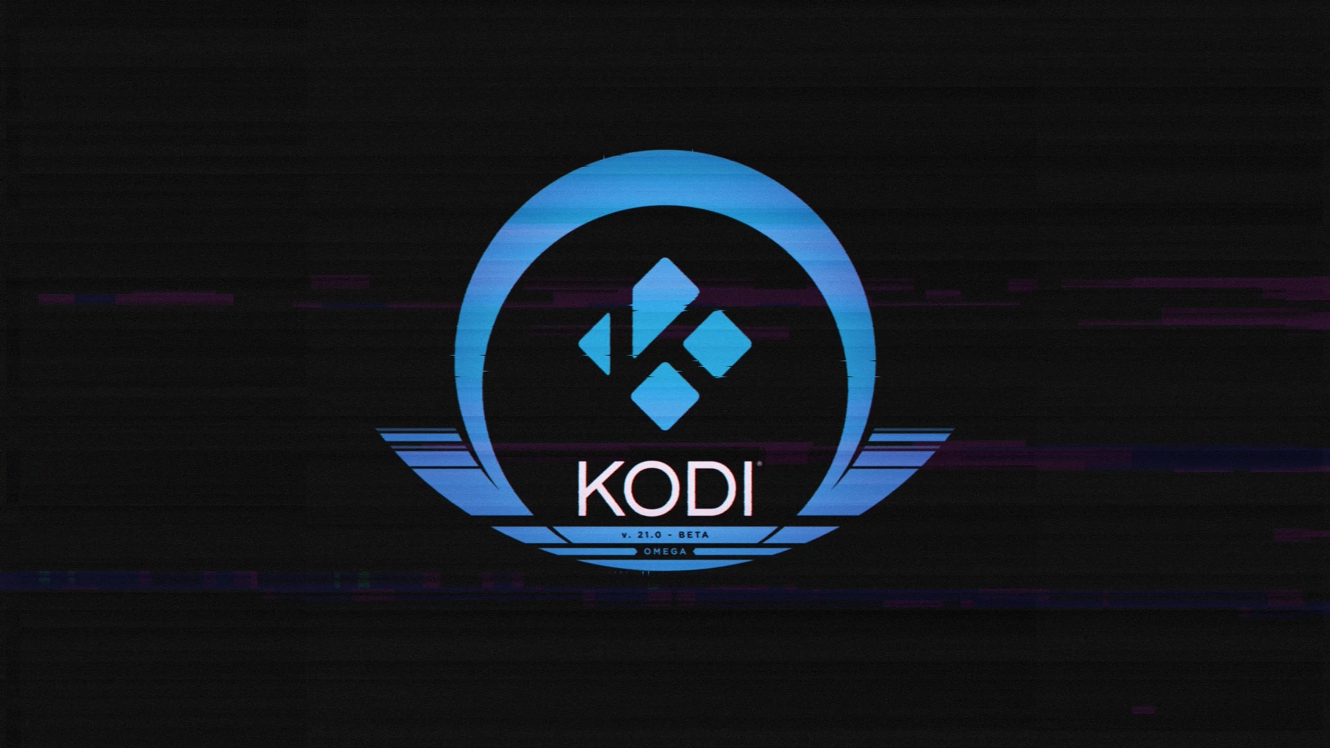 Kodi 21 "Omega" Splash Screen - the Kodi logo sits at the centre of a black screen, a stylised Greek letter "Omega" around it.'