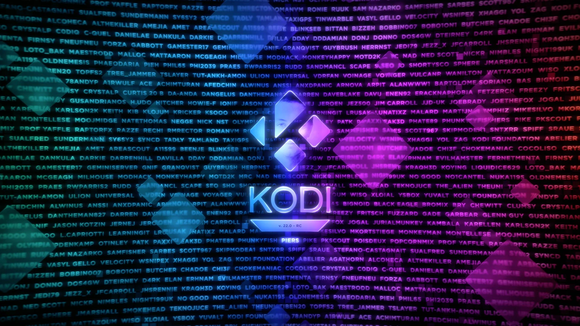 A sea of shades of purple - text in the background, a solitary Kodi logo and the name "Piers" in the foreground. Look closer, and the text is a huge list of all of the contributors to Kodi over the years.