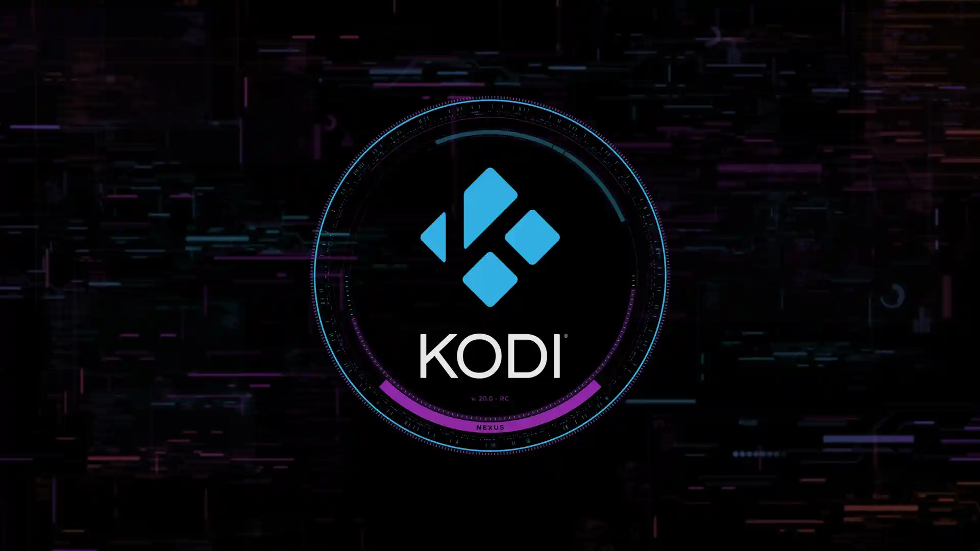 A blue Kodi logo sits in a circle, atop white text - "Kodi". Clock artefacts surround it all - a background of computer noise. At the bottom, a solitary purple section of the circle, "Kodi Nexus Release Candidate".
